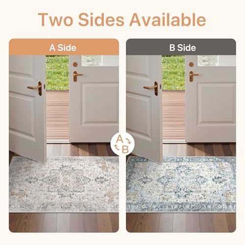GENIMO 2x3 Reversible Door Mat for Entryway, Machine Washable Non Slip Vintage Rugs, Low Pile Lightweight Soft Print Rug for Hallway, Corridor, Home, Office, Kitchen, Taupe & Blue - color: Taupe&blue, size: 2' x 3' (Rectangular)
