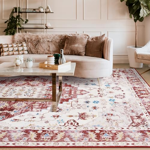 Amearea Vintage Design Area Rugs for Living Room, 4x6 Machine Washable Floral Collection Traditional Bedroom Rug, Low Pile Cute Kids Room Print Carpet, No Slip Office Kitchen Home Decor, Red - color: Red, size: 4' X 6' (Rectangular)