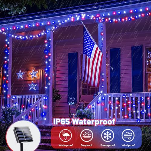 4th of July Decorations Solar String Lights 2Pack 400LED Independence Day Lights for Outside, Red White and Blue Solar Light Waterproof, Copper Wire 8 Modes Twinkle Light for Memorial Day National Day - color: Red Blue White, size: 2 Pack-400LED
