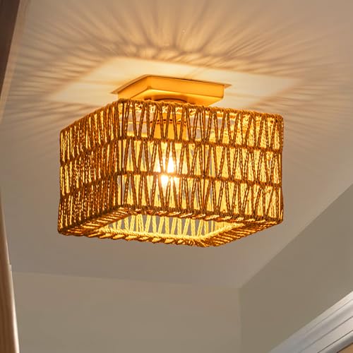 Rpzloila Rattan Ceiling Light, Gold Boho Light Fixture, Square Flush Mount Ceiling Light for Bedroom, Hallway, Entryway, Kitchen, Cabinet - color: Gold, size: 1-Light-Square