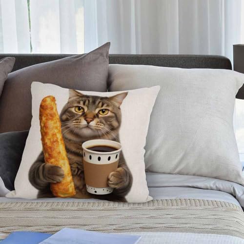 HGOD DESIGNS Funny Cat Throw Pillow Cover,The Cat is Holding A Cup of Black Coffee and A Baguette Decorative Couch Sofa Bedroom Burlap Pillow Cases for Men/Women Room 18x18 Inch - color: Color A03