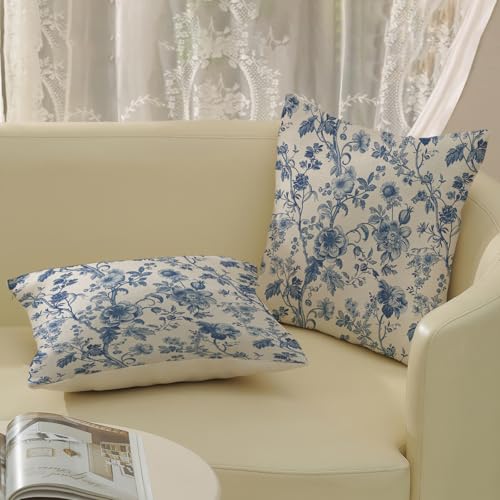 Vintage Blue Throw Pillow Covers 16x16 Inch 2 Pcs Chinoiserie Navy Blue Floral Outdoor Decor Pillow Covers Flower Spring Seasonal Decorative Pillowcase Linen Cushion Cover for Couch Sofa - color: Vintage Blue Flower, size: 16" x 16" (Pack of 2)