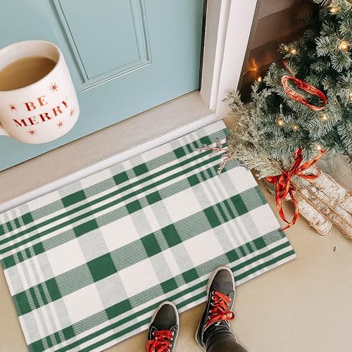Christmas Green & White Check Rug - 28 x 43 Inches Outdoor Front Door Decor Mat Cotton Washable Hand-Woven Rug Christmas New Year Holiday Porch Entryway Layered Doormat - color: Grass Green & White Check, size: 2'4" x 3'7" (Rectangular)