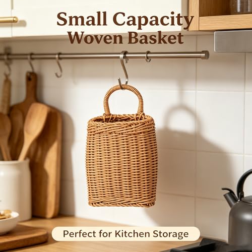 Elegant Boho Farmhouse Hanging Basket for Wall, Wicker Basket for Storage, Decor, Space-Saving Rattan Door Basket for Kitchen, Bathroom, Bedroom, Living Room Organization, Small, Natural - size: 4.7"D x 3.3"W x 6.5"H