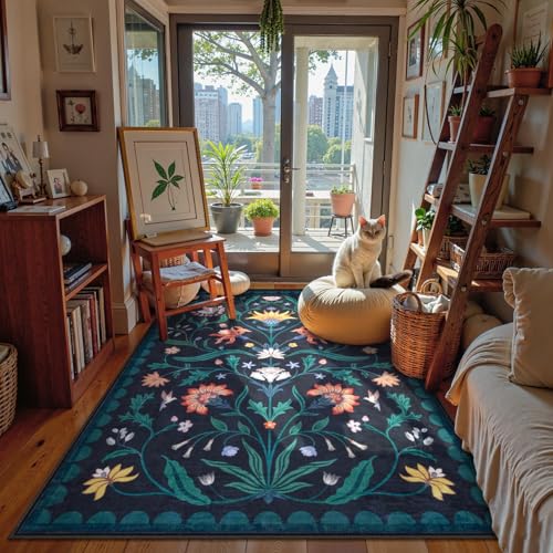 Lahome Boho Floral Washable Blue 5x7 Area Rugs for Living Room, Non Slip Rugs for Bedroom Entryway, Indoor Ultra-Thin Throw Dining Room Carpet for Under Table Kitchen Dorm(Dark Blue,5x7) - color: Dark Blue, size: 5' x 7' (Rectangular)