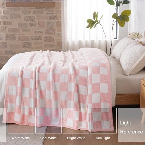 Exclusivo Mezcla Checkered Knit Throw Blanket, Ultra Soft and Warm Reversible Woven Blankets, Cozy Snuggly Throw for Couch Bed and Home Decor, Pink, 50"x60" - color: Pink, size: Throw (50"x60")