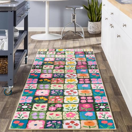 Vintage Floral 2x5 Runner Rugs Non Slip, Thin Country Colorful Flowers Botanical Indoor Entryway Rug Washable, Cute Boho Aesthetic Runner Carpet for Kitchen Bedroom Laundry Bathroom - color: Multicolored, size: 2'x5'