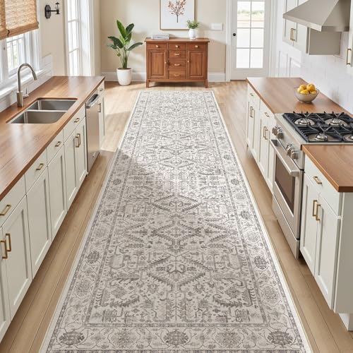 3x10 Washable Hallway Runner Rug :Vintage Large Soft Entryway for Kitchen Laundry Room Runner with Non Slip Backing Farmhouse for Bedroom Bathroom Living Room Stain Resistant Carpet-White Gray - color: White, size: 3' x 10' (Rectangular)