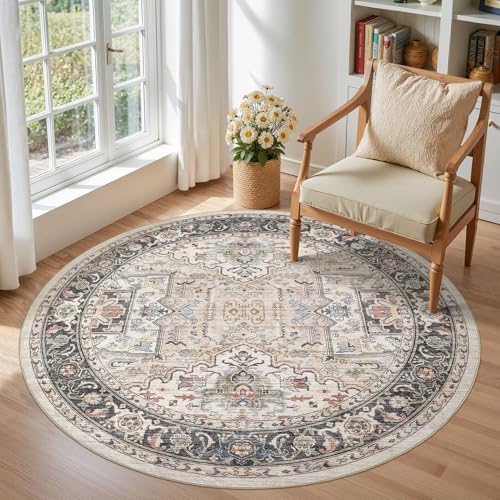 Area Rug for Living Room - 5x5 Large Soft Washable Oriental Vintage Floral Carpet Safe for Babies & Pets - Fade Stain Resistant Non Slip Rugs for Bedroom Dining Room Nursery Dorm Office Home Decor - color: Multi Color, size: 5' x 5' (Round)