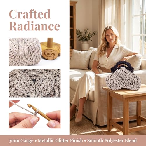 3mm Sparkle Polyester Macramé Cord - 150g/66yds Metallic Glitter Braided Cord for Crocheting Bags, Baskets, Macramé Plant Hangers & DIY Crafts, Machine Washable (4#Beige Rainbow) - color: 4#beige Rainbow