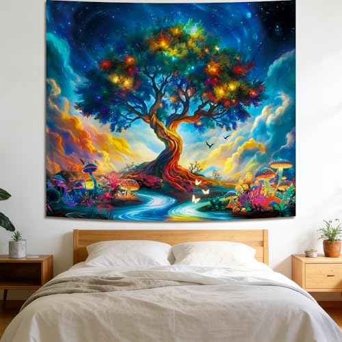 Apdidl Tree of Life Space Tapestry for Bedroom, Nature Galaxy Starry Sky Mushroom Posters Tree Wall Tapestries, Colorful Cloud Landscape River Wall Hanging Aesthetic for Living Room Decor 51"X60" - color: Tree of Life Tapestry, size: 60"L x 51"W