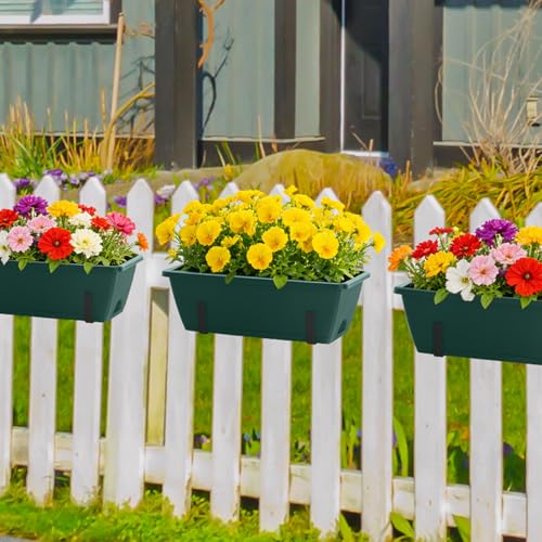 CADUKE 4 Pack Railing Planter Box 16.9 Inches Window Flower Boxes with Metal Brackets Balcony Planters Railing Hanging Fence Planter Plastic Outdoor Deck Railing Planter Boxes, Green - color: Green