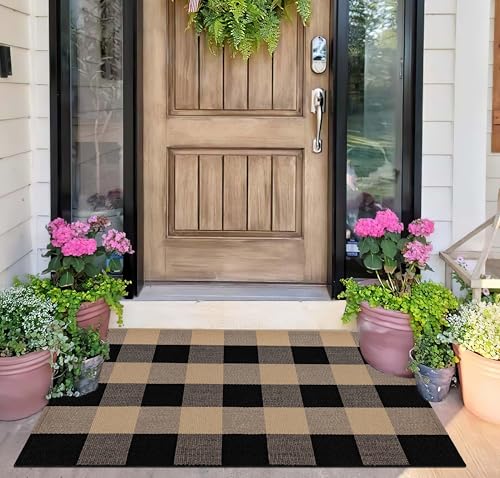 Checkered Front Door Mat Outdoor 24''x35''Buffalo Plaid Outdoor Rug Cotton Washable Layered Doormat for Bedroom,Bathroom,Farmhouse,Entryway,Home Entrance - color: Khaki Black, size: 24''x 35''