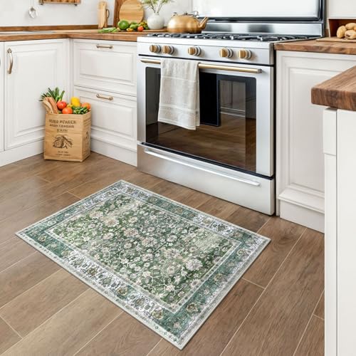 KUTA Vintage Floral Green Entryway Rug 2x3, Kitchen Rugs Non-Slip Washable Throw Rug, Ultra Thin Soft Print Front Door Mat Indoor Doormat for Entrance, Bedside, or Small Spaces - color: Green, size: 2' x 3' (Rectangular)