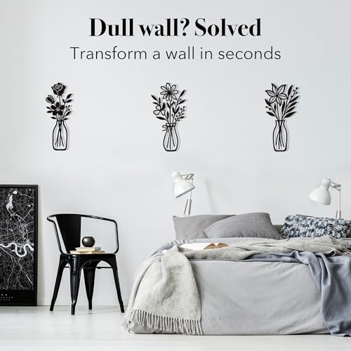 CarryWise 3 Piece Metal Flower Wall Art for Bedroom Living Room Rustic Farmhouse Floral Wall Decor for Bathroom Dining Room Boho Home Decorations Modern Minimalism Walls Hanging Sculptures(Black) - color: Black & Vase Flower