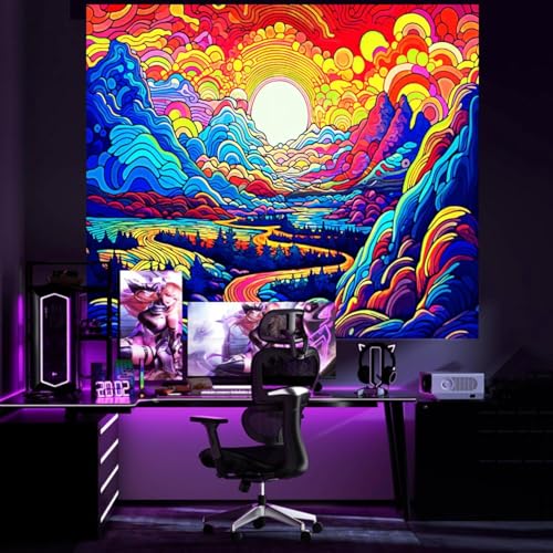 Apdidl Blacklight Posters Sun Mountain Tapestry for Bedroom Aesthetic, Black Light UV Reactive Posters Nature Sunrise Forest Wall Tapestries, Colorful Starry Night Sky Wall Hanging for Living Room 51"x60" - color: Mountain Blacklight Tapestry, size: 60"L