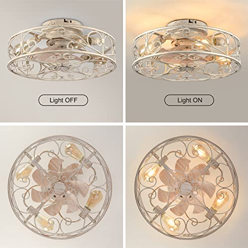 20" Caged Ceiling Fans with Lights and Remote, Bladeless Ceiling Fan 6 Speed Reversible with 4 Bulbs and Remote Control,Flush Mount Caged Ceiling Fan for Bedroom, Living Room, (Include Bulbs) - color: White brushed gold(with light bulb)