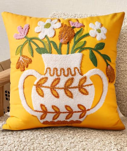 Embroidered Throw Pillow Cover - 18x18 Decorative Pillow Cover with Zipper Aesthetic Cute Design Boho Spring Summer Cozy Throw Pillowcase for Living Room Couch Sofa Bed, Floral Vase - color: Floral Vase, size: 18" x 18" (Pack of 1)