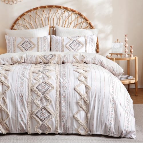 Herside Beige 100% Cotton Boho Duvet Cover Set Queen Size, 3-Piece Tufted Textured Modern Boho Moroccan Bedding, Aztec Geometric Farmhouse Comforter Cover with 8 Corner Ties & Double Zipper - color: Beige, size: Queen(No Comforter)