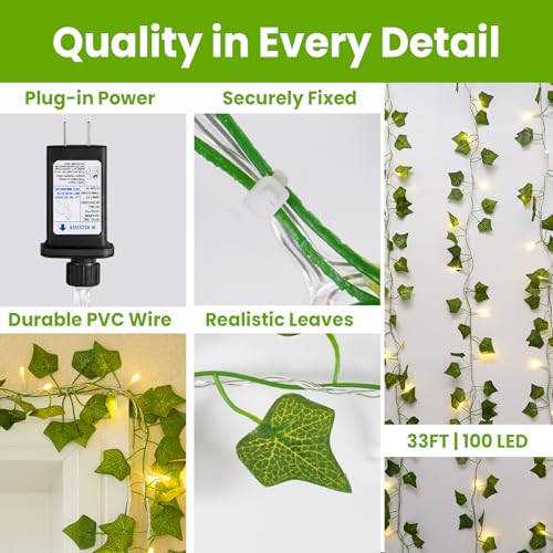 KASZOO 33FT 100 LED Ivy Vine Lights - PVC Plug in Leaf String Lights with Remote & Timer, Pre-Wrapped Garland for Bedroom Wall Garden Decor - color: IVY-Plug in-100 LED-Clear Wire