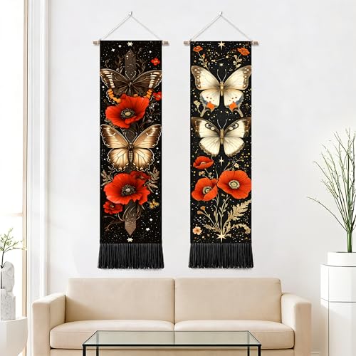 seewan 2 Pack Long Vertical Wall Tapestry, Boho Nature Landscape & Floral Aesthetic Wall Hanging for Bedroom Living Room Home Decor, Long Narrow Art Tapestry with Sunrise Mountain Botanical Designs, 13" × 51" (Poppy Vintage Bloom, 13"Wx51"H, Unframed) - c