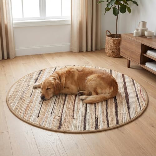 Cotton Hand Woven Chindi Area Rug 4 Feet Round - Beige, Reversible Circle Green Dinning Space Floor Rugs Ideal for Bedroom, Living Room, Kitchen | Linen Farmhouse Recycled Patio Mats for Balcony Décor - color: Beige, size: 4' (Round)