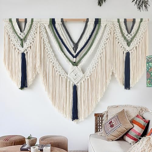 Jakalin Large Macrame Wall Hanging Boho Wall Decor Handmade Craftmanship Yarn Wall Art For Bedroom Living Room Scandinavian Home Decor 47" W x 35" L Ivory Blue Green - color: Ivory Blue Green