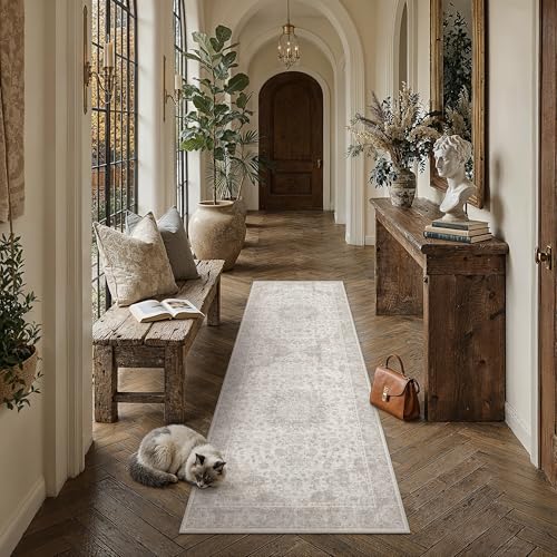 PureCozy 2x6 Runner Rug Washable Neutral Beige Vintage Hallway Kitchen Carpet Non Slip Low Pile Soft Floral Indoor Long Throw Rug for Bedroom Bathroom Laundry Living Room - color: Vintage | Beige, size: 2' x 6' (Runner)