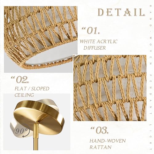 18 inch Natural 3 Light Rattan Chandelier Rattan Farmhouse Light Fixture Woven Pendant Lights Fabric Shade Boho Chandelier for Kitchen Dinning Room - color: 18"-Natural-Drum
