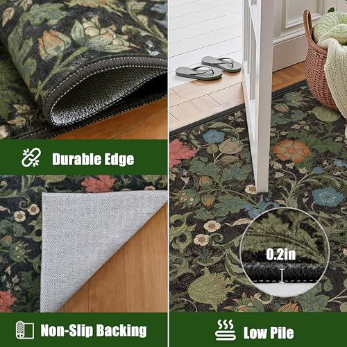 Floral Area Rugs 8x10 for Living Room, Washable Vintage Farmhouse Botanical Rug, Non Slip Low Pile Thin Floor Decor Large Carpet, Soft Decorative Rug for Bedroom Dining Room Home Office Black Green - color: Black, size: 8'x10'