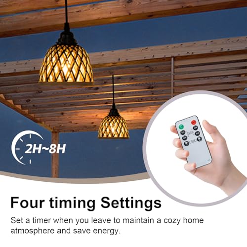 2 Pack Bamboo Chandelier/Dimmer, Waterproof Outdoor Pendant Light for Patio/Gazebo, Hand-Woven Boho Style, Battery Operated (No Wiring)