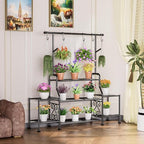 GIOTORENT 3-Tier Tall Metal Plant Stand Indoor Outdoor - Heavy Duty Plant Shelf for Garden, Patio, Balcony with 5 Hanging Hooks, Holds 16-25 Plants, Black - size: D-3Tier-Longer