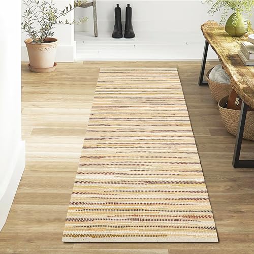 Cotton Hand Woven Chindi Runner Rug 2x6 Feet - Beige, Lightweight Decorative Soft Throw Indoor Floor Rag Rugs Ideal for Hallways, Kitchen, Bedroom | Linen Soft Braided Textured Carpet for Office Décor - color: Beige, size: 2' x 6' (Runner)