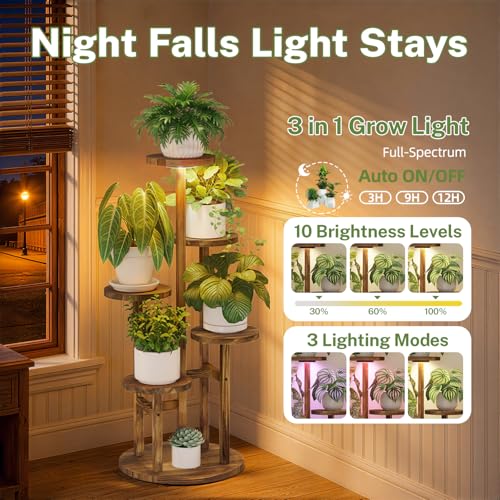iDavosic.ly 5 Tier Plant Stand Indoor with Grow Light, Tiered Corner Wood Multiple Flower Holder Shelf, Tall Orchid Display Rack for Living Room Bedroom, Brown - color: Pine Brown with Light, size: 5 Tiers