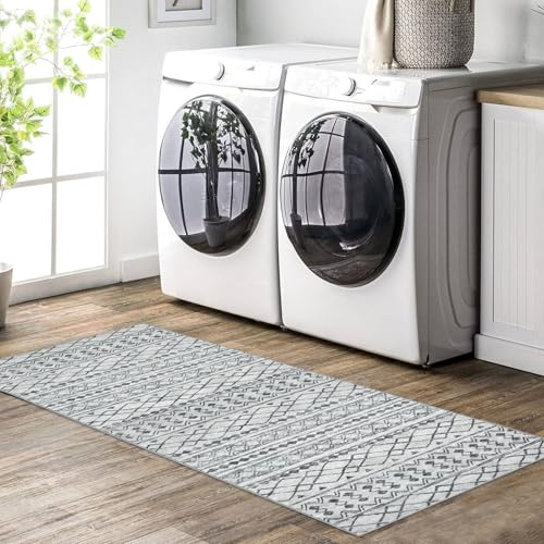 KUTA Boho Washable Runner Rug 2x5 ft Grey Moroccan Washable Runners for Hallways Non-Slip Vintage Kitchen Rug Ultra Soft Distressed Geometric Floor Carpet for Bedroom Laundry Living Room - color: Grey, size: 2' x 5' (Runner)