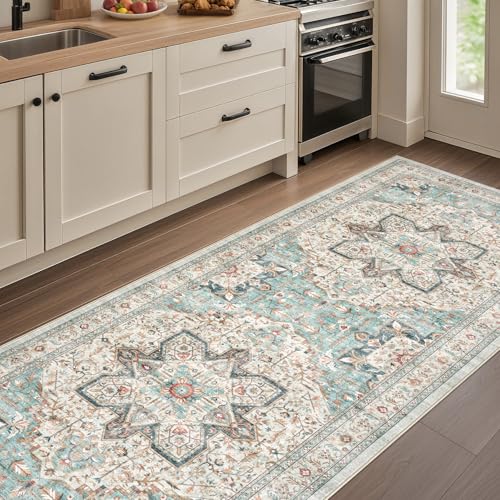 Tortania Area Rug 2x6 Runner Rugs - Washable Vintage Oriental Farmhouse Thin Indoor Carpet for Living Room Bedroom Hallway Entryway Kitchen Under Dining Table Home Office - Aqua Multi - color: Aqua Multi, size: 2' x 6' (Runner)