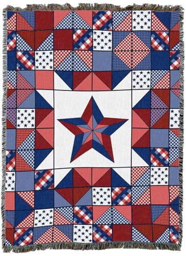 Pure Country Weavers Red White and Blue Patchwork Quilt - Americana Gift Tapestry Throw Blanket Woven from Cotton - Made in The USA (60X80) - color: Red White and Blue Patchwork Quilt, size: 60x80