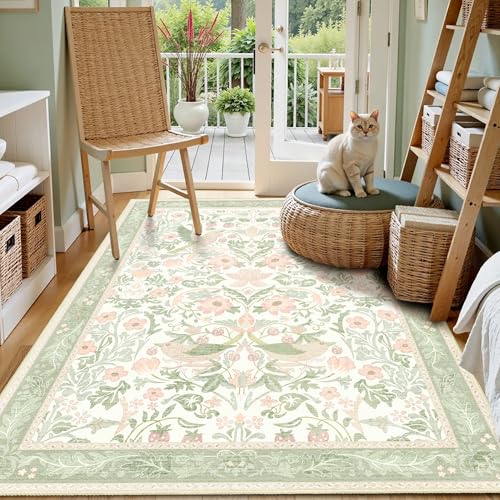 Green Rug 3'x5',Washable Area Rugs for Bedroom Living Room Entryway Bedside,Small Boho Farmhouse Bohemian Botanical Distressed Oriental Non Slip Carpet,Sage Floral Bird - color: Green Floral Bird, size: 3'x5'