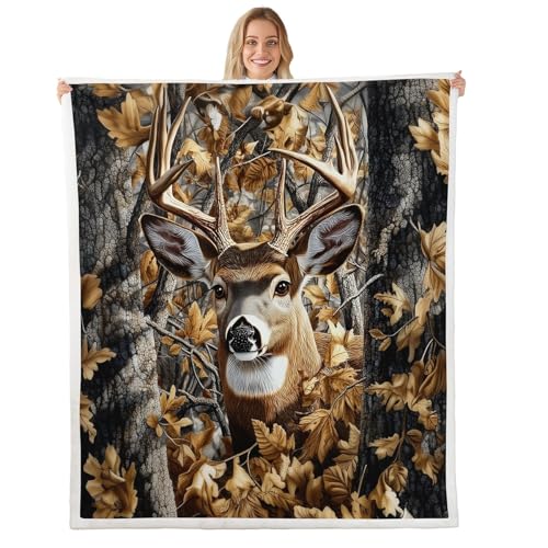 Feelyou Camo Deer Fleece Throw Blanket Queen 90"x90" Kids Western Deer Hunting Plush Blanket Boys Camo Moose Sherpa Blanket Camouflage Deer Hunting Fuzzy Blanket - color: Multi 122302, size: Queen