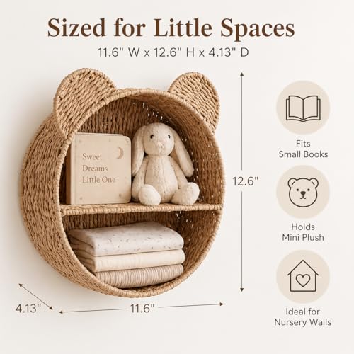 Woven Wall Basket Shelf Bear Nursery Decor — Boho Handwoven Hanging Wall Decor for Kids Room, Paper Rope Stuffed Animal Organizer, Baby Nursery Floating Shelf - color: Khaki