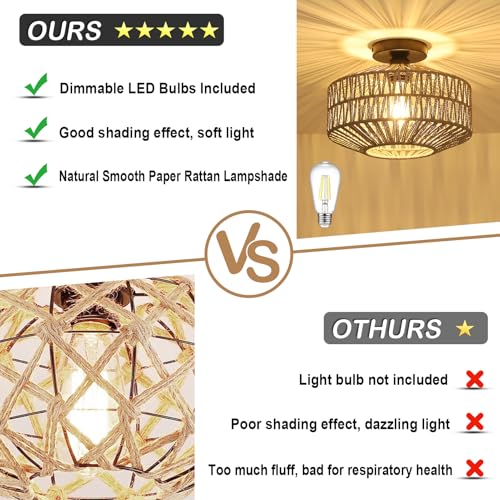Boho Light Fixtures Ceiling Mount，Rattan Ceiling Light Fixture with Dimmable LED Bulb，Mini Hand Woven Chandelier Light Fixtures Ceilingfor Hallway Bedroom Kitchen Entryway Living Room（Grey） - color: Gray