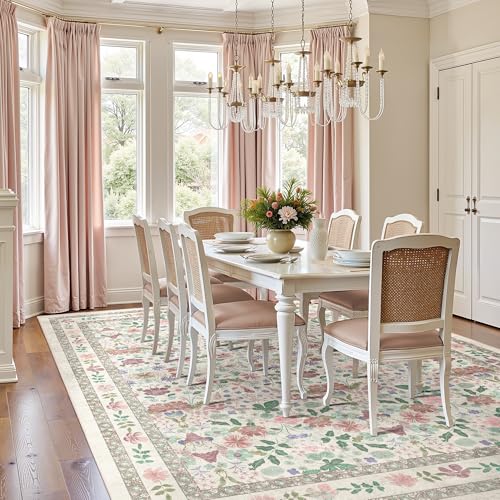 Deerly Floral Washable Rugs 8x10 Large Vintage Living Room Carpet Boho Non-Slip Soft Low Pile Thin Bedroom Floor Mat Indoor for Dining Room Playroom Nursery Farmhouse, Beige/Light Pink/Multi - color: Beige/Light Pink/Multi, size: 8' x 10' (Rectangular)