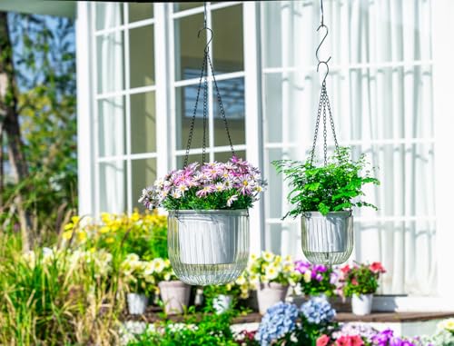 Josteve 5.2/8.2 Inch 2 Pcs Self Watering Hanging Planter Indoor Plant Pots Drainage Holes, Outdoor Small Hanging Planters Flower Pot Basket, Visible Water Level, Plant Hanger Home Decor, Gardening - color: White, size: 2*5.2/8.2 inch