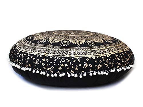 Mandala Barmeri Large Floor Pillow Cover Cushion Meditation Seating Ottoman Throw Cover Hippie Decorative Zipped Bohemian Pouf Ottoman Poufs, Pom Pom Pillow Cases Black Gold Trishol, 32 inch Round - color: Orange Gold, size: 32" Round