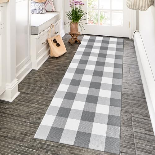 Checkered Runner Rugs 2x6 Grey and White Buffalo Plaid Cotton Woven Rugs, Washable Runner Rug for Hallways Kitchen Bedroom Living Room Porch Farmhouse Decor Area Rug - color: Grey and White, size: 2‘×6’