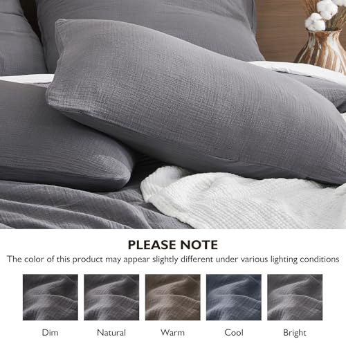 EMME Muslin Cotton Duvet Cover Set Queen Size Linen Like Soft Breathable Lightweight Summer Comforter Cover Set with Zipper Closure (Dark Grey, Queen, 90"x90") - color: 05 - Dark Grey, size: Queen(90"×90")