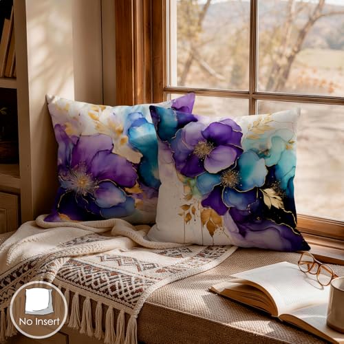 OBSEDE Decorative Throw Pillow Covers Set of 4, 18x18 Inch Purple and Blue Abstract Floral Watercolor Pillow Cases with Gold Accents for Couch Sofa Bedroom, Modern Artistic Home Decor - color: Gilded Ink Bloom, size: 18" x 18" (Pack of 4)