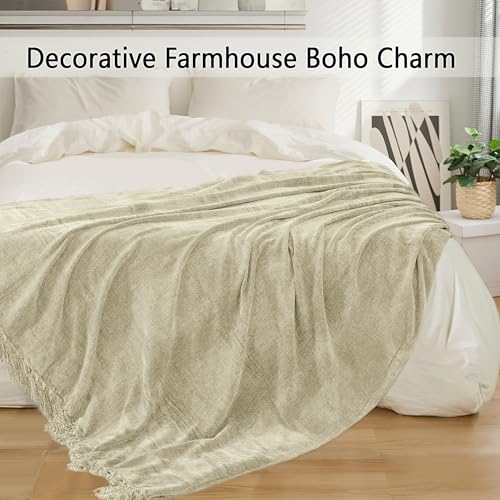 Chenille Throw Blanket for Couch 50"X 60", Soft Cozy Throws with Fringe Tassel for Bed Sofa Chair Cover, Lightweight Knitted Decorative Boho Blankets for Living Room, Light Beige - color: Light Beige, size: 50x60 inch