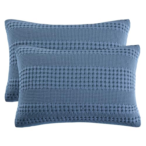 PHF 100% Cotton Waffle Pillow Shams Standard Size, 2 Pack 20" x 26" Soft Skin-Friendly Pillowcases, No Filling, Aesthetic Woven and Breathable Waffle Weave Pillow Case Covers for Bed, Denim Blue - color: Denim Blue, size: 26" x 20" (Pack of 2)