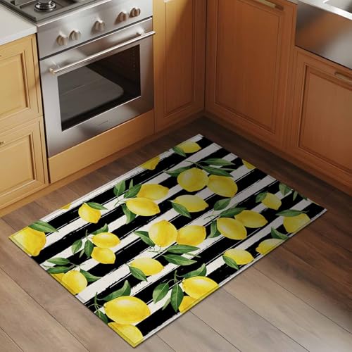 Yellow Lemon 2x3 Small Rug for Entryway Kitchen Front Door, Summer Fruit Black White Striped Country Washable Throw Rug Absorbent Non-Slip Indoor Floor Mat for Kitchen Entrance Dog Home Office Decor - color: Yellow, size: 2' x 3' (Rectangular)